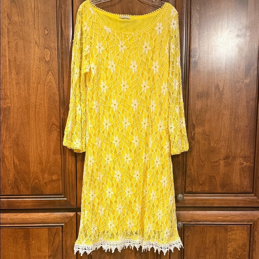 Haani Yellow Floral Lace Long Sleeve Shift Dress